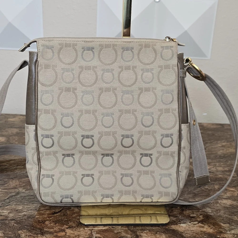 Salvatore Ferragamo Monogram Crossbody Bag Gancini Print Canvas Leather Trim